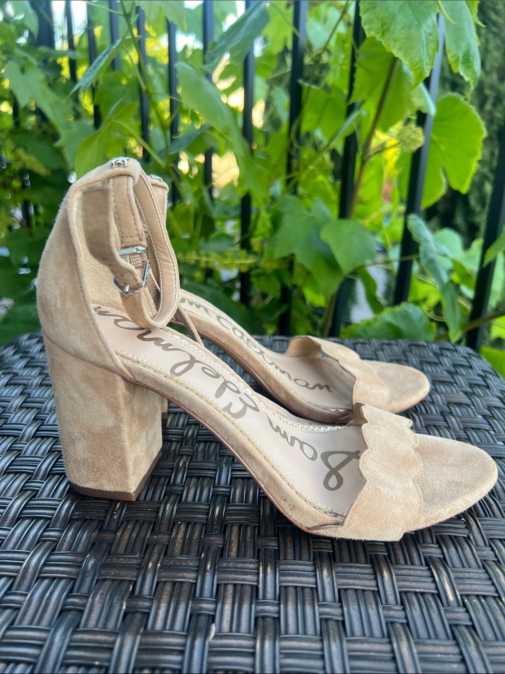 Sam Edelman Beige Scalloped Suede Ankle-Strap Heels